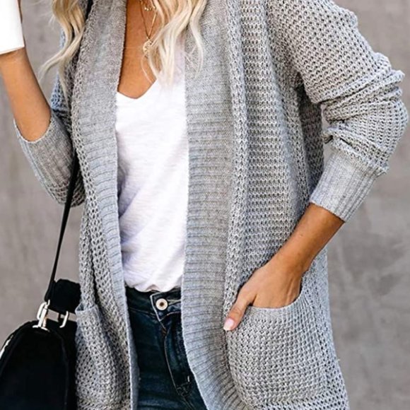 Loose Open Front Long Sleeve Gray Cardigan - Picture 6 of 6